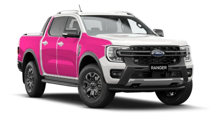 A pink Ford Ranger truck featuring a sleek design, enhanced with paint protection film for durability and style.