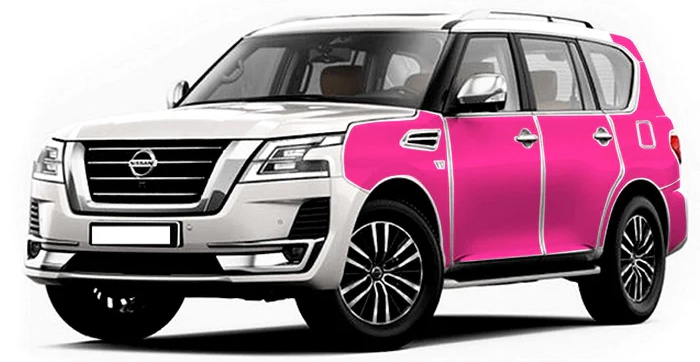 A pink Nissan SUV with a white stripe and paint protection film.